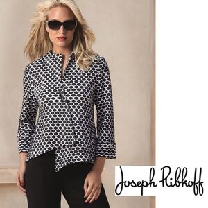 Joseph Ribkoff Asymmetrical One Button Wrap Front Jacket Black/White PrintSize 4